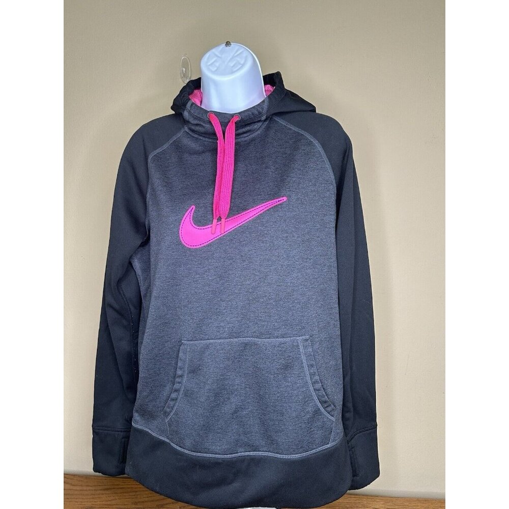 Nike Womens Hoodie Hooded Pullover Dry Gray‎ Black and Pink Swoosh Logo Large